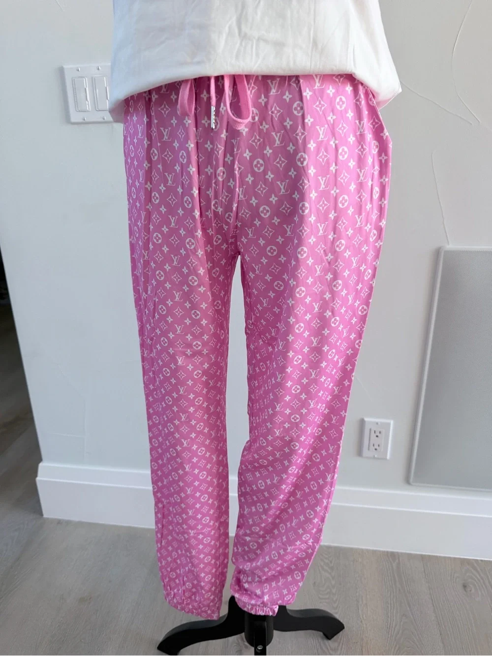 Women's Pink Patterned Lounge Set - White Top & Pink Pants size S
